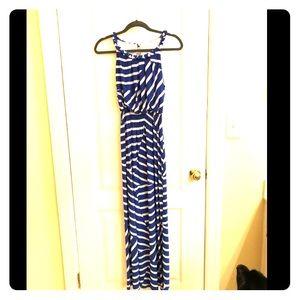Blue and white striped maxi dress